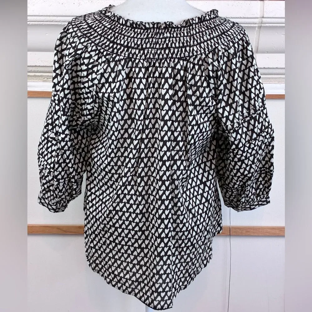 Ivy jane Black & White Heart Print Smocked Peasant Top prairie Cottagecore